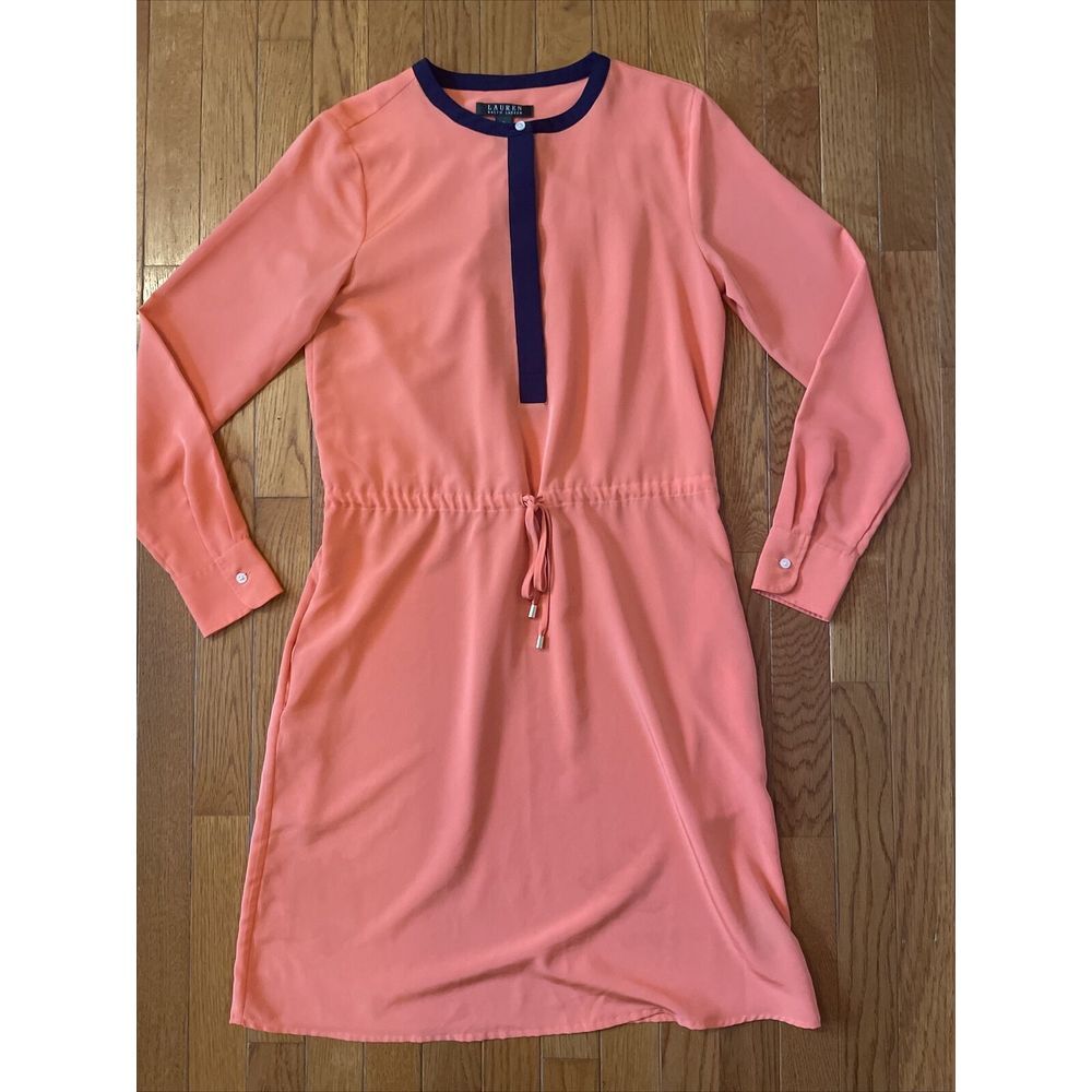 Ralph Lauren Orange And Blue Long Sleeve Chiffon Dress Tie Waist Pockets! Size 2